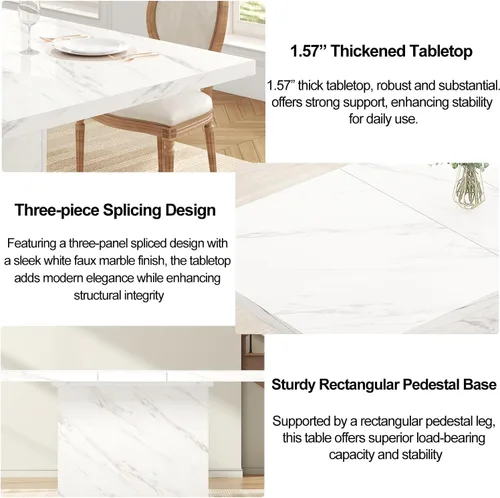 Vista 3 de LVB Mesa de comedor para 6 a 8 personas, mesa de cocina rectangular de mármol sintético blanco de 71 pulgadas, mesa de comedor de madera