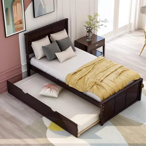 Vista 11 de Harper & Bright Designs Cama individual con cama nido, cama individual de plataforma de madera con cabecera y base de colchón estribo, fuerte