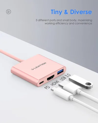 Vista 5 de LENTION Hub USB-C 3 en 1, adaptador HDMI 4K con USB 3.0 y carga PD de 100 W, compatible con MacBook/Surface/iPad Pro, oro rosa Ideal for Work &