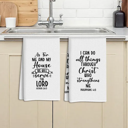 Vista 4 de Regalos cristianos para mujeres y hombres, juego de 2 toallas de cocina con tejido de gofre, versículo de la Biblia, toallas de mano para baño