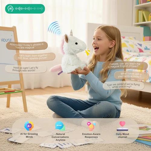 Vista 2 de KOWSI® AI ChatGPT - Peluche interactivo de unicornio parlante, 1.4 libras, calentable para microondas con almohadilla térmica de turmalina lavanda