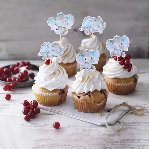 Vista 5 de 36 piezas de decoración de cupcakes de elefante azul It's a Boy Baby Shower para temática de elefante, revelación de género, baby shower, niños