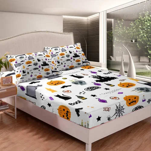 Vista 9 de Feelyou Juego de sábanas bajeras de Halloween tamaño individual, juego de sábanas decorativas de Halloween para niños y adultos (sin sábana encimera)