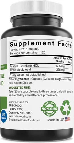 Vista 5 de Brieofood Acido acetil L-carnitina alfa lipoico (ALA ALC) 750 mg 120 Cápsulas