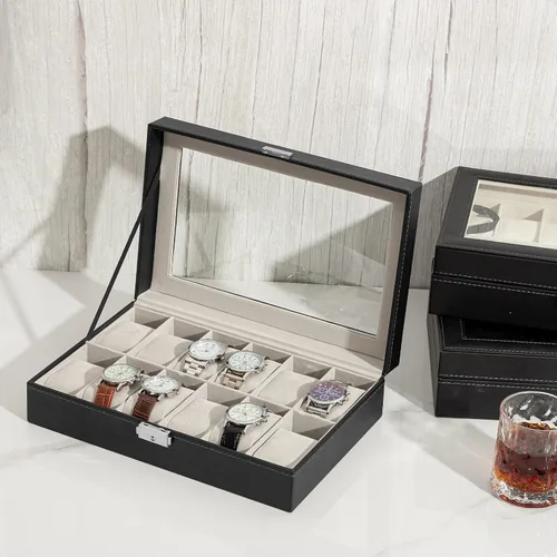 Vista 6 de Oyydecor Caja de reloj de piel sintética organizador de almacenamiento de madera para almacenamiento y exhibición negocios de regalo para hombres