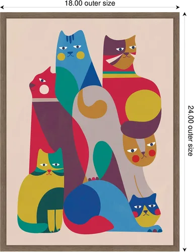 Vista 2 de Kate and Laurel Lienzo enmarcado para pared, diseño de gatos abstractos retro modernos 02 por Rachel Lee de 18 x 24 pulgadas, marco de nogal Sylvie