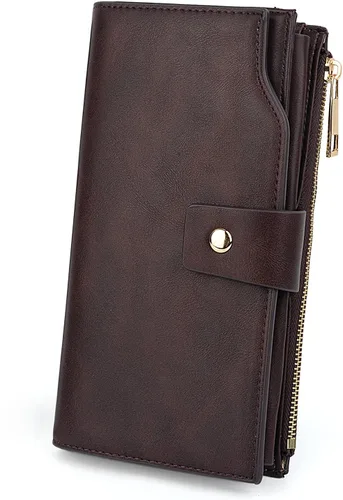 Vista 27 de UTO Cartera de cuero vegano para mujer, cartera larga con broche de presión, tarjetero de crédito, elegante embrague 0153 Gris