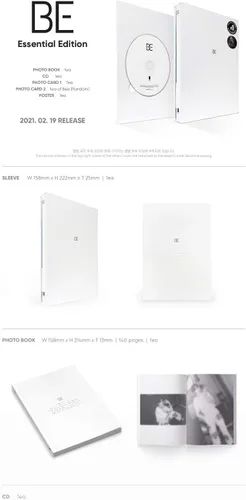 Vista 2 de BTS Be Essential Edition CD1p Poster On Pack140p PhotoBook7p PhotoCard1p PhotoCardMensaje PhotoCard SetSeguimiento Kpop sellado