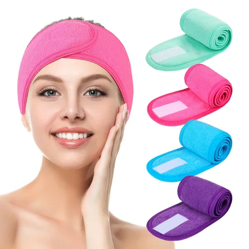 Vista 7 de Diademas faciales de spa, 4 piezas, maquillaje, ducha, baño, diadema deportiva, toalla elástica de tela de rizo con cinta mágica (negro)