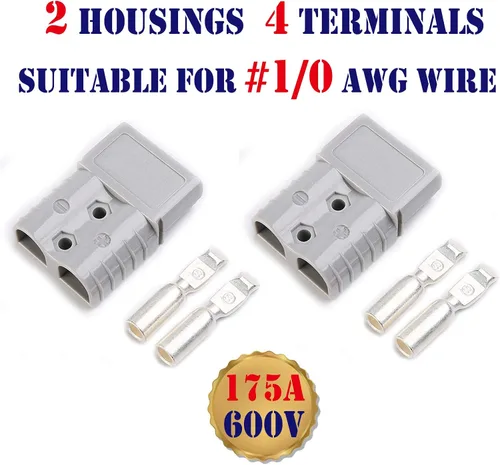 Vista 2 de 1 juego de conectores de alimentación de 175 amperios, 2 polos, color gris con terminales para cable AWG #1/0 compatible con Anderson