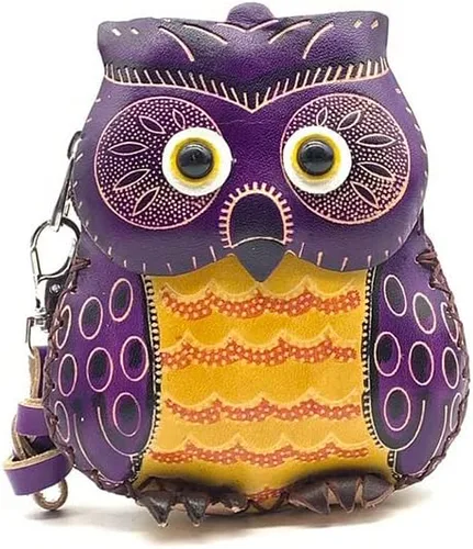 Vista 13 de Handmade Vintage Genuine Leather 3D Animal Owl Coin Purse with Removable Wrist Strap (Brown)