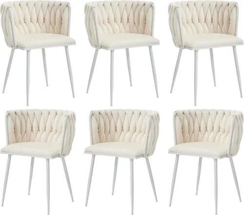 Vista 26 de Juego de 2 sillas de comedor de terciopelo, sillas laterales tapizadas tejidas con patas de metal negro, sillas decorativas modernas, sillas