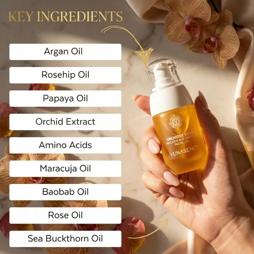 Vista 3 de YUNASENCE ORCHIDEE VITAE - Suero de aceite facial antienvejecimiento orgánico precioso, aceite facial con flor de orquídea, argán, maracuja, papaya