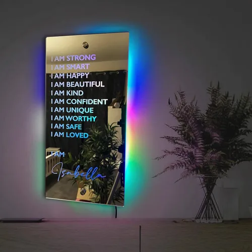 Vista 8 de Espejo de luz LED de neón personalizada de Affirmations "I Am - Decoración de pared con nombre personalizado para dormitorio, espejo LED