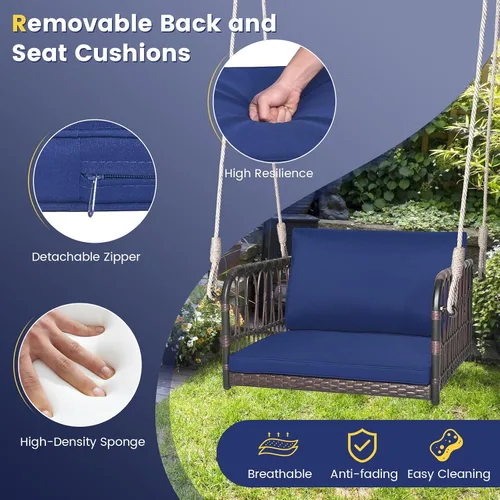 Vista 6 de HAPPYGRILL Silla de columpio para porche, asiento colgante tejido de ratán con cuerdas para colgar, ganchos de cojines, banco colgante de mimbre