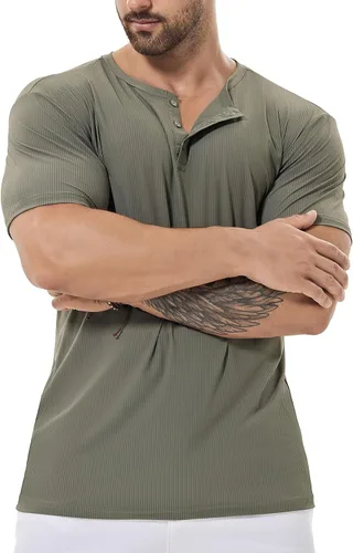 Vista 2 de Camisa Henley de ajuste seco para hombre, ropa de gimnasio, camiseta de entrenamiento de manga corta, camiseta atlética clásica y casual