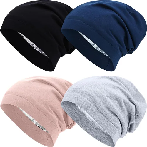 Vista 34 de 4 Pieces Satin Lined Beanie Cap Satin Sleep Lined Hat Slouchy Beanie Hat Night Silk Hair Cap for Women Men