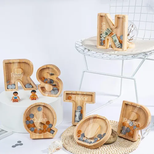 Vista 6 de Wooden Piggy Bank Personalized 26 English Alphabet Letter Coin Bank Custom Money Box Wooden Piggy Bank Gift for Kids Christmas Birthday Gift Home