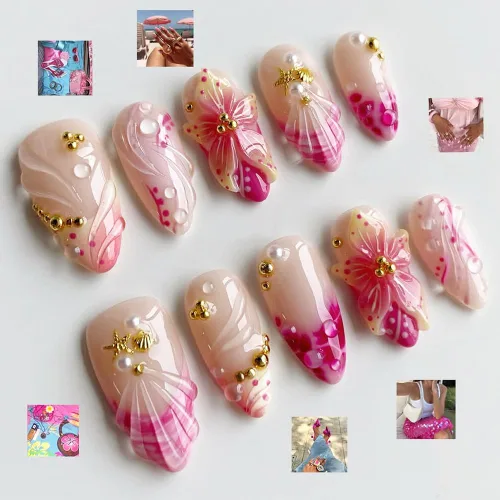 Vista 29 de Uñas postizas a presión de almendra, uñas postizas medianas con diseños de estampado francés de lámina dorada 3D, pegamento dorado Starlight en uñas