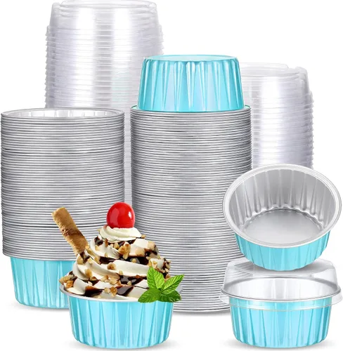 Vista 10 de 150 moldes desechables de papel de aluminio para hornear, con tapas, mini moldes para cupcakes de 5 onzas, moldes para flan, moldes para tartas