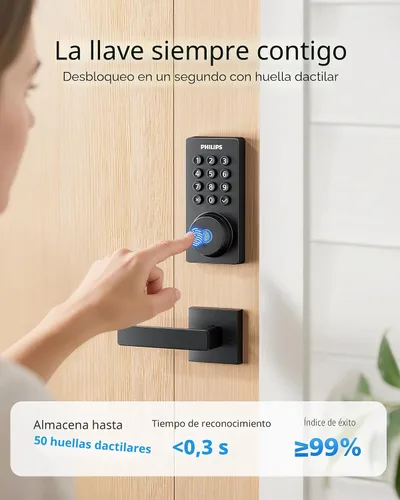 Vista 4 de Cerradura de puerta con teclado WiFi Philips con asa, WiFi incorporado, control remoto por APP, desbloqueo por voz y huellas dactilares, cerraduras