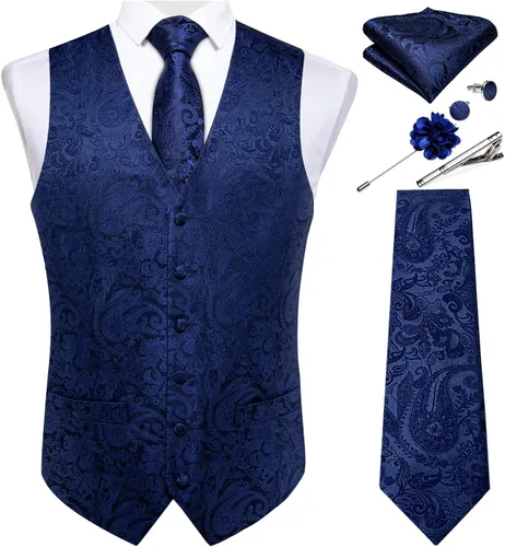 Vista 25 de DiBanGu Juego de chaleco y corbata para hombre, chaleco formal de cachemira y corbata con bolsillo cuadrado y gemelos, de seda, para traje o Verde