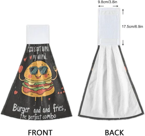 Vista 4 de Toallas de cocina colgantes para baño, lindas hamburguesas simples, gasolinera, estilo retro, juego de 2 toallas de Navidad para cocina
