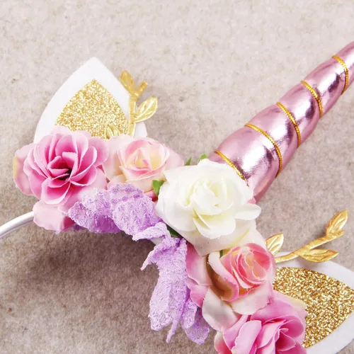 Vista 5 de Nishine Diadema floral de cuerno de unicornio con orejas con purpurina para la cabeza de caballo, para niñas, fiestas, cumpleaños, cosplay