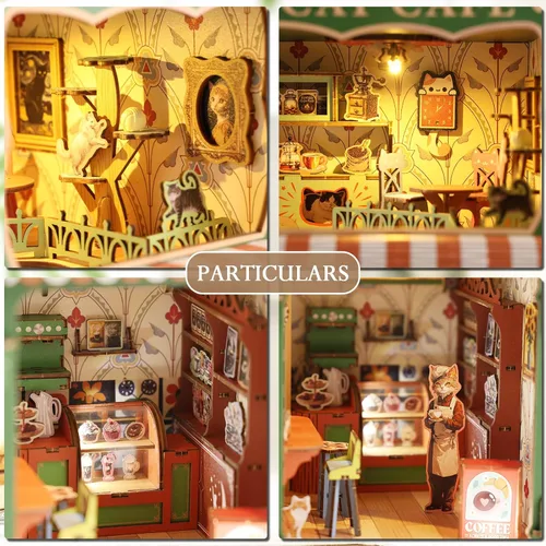 Vista 3 de Kit de Rincón de Libros, Kit de Casa en Miniatura DIY para Adultos, Adolescentes y Principiantes, Casa de Muñecas Booknook Café de Gatos Casa Café