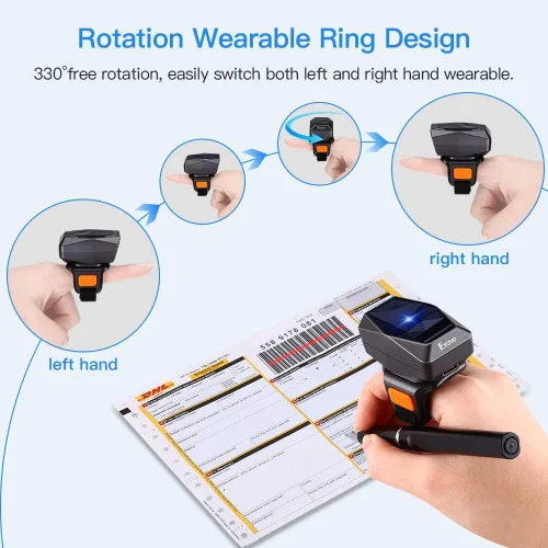 Vista 5 de Eyoyo Escáner de código de barras de anillo portátil Bluetooth 1D, lector de código de barras portátil con conexión inalámbrica y USB de 2.4 GHz