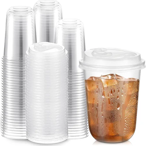 Vista 19 de Baderke Juego de 25 vasos de plástico transparente de 14 onzas con tapas, tazas de café helado resistentes con tapas, vasos de plástico desechables