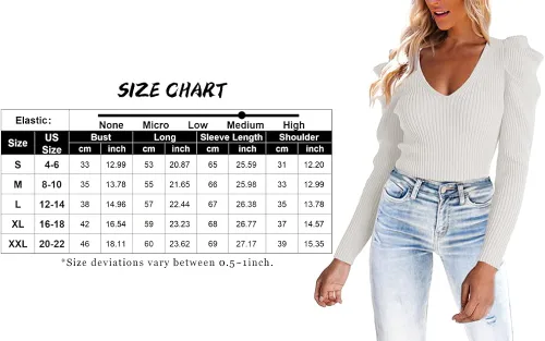 Vista 5 de Amarmia Suéter de punto de manga larga abombada para mujer, estilo casual, cuello en V, acanalado, liso, suave, ajustado