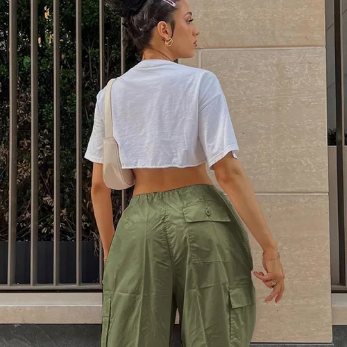 Vista 4 de Pantalones cargo para mujer con bolsillos, casuales, sueltos, con cordón, holgados, cintura baja, pantalones de hip hop, pantalones deportivos Y2k