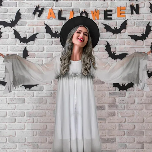 Vista 7 de Hercicy 2 piezas de disfraz de fantasma gótico y pelucas largas onduladas para disfraz, delicado vestido de novia muerta, peluca de fantasma rizado
