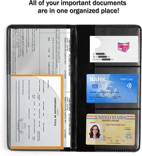Vista 4 de UYYE Soporte para registro y seguro de auto – Organizador de guantera de piel sintética para vehículos, estuche para accesorios interiores de Negro