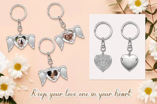 Vista 3 de Personalized Master Medallón de fotos personalizado con corazón de amor que sostiene la imagen para mujeres alas de ángel llavero para parejas
