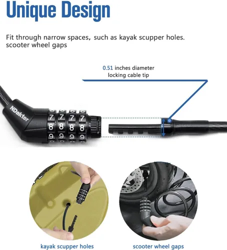 Vista 2 de NDakte Candado para Bicicleta, Candado de Cable Recto Extra Largo (1.83m a 8.23m) con Combinación Reseteable, Diseño Único Masculino Estrecho