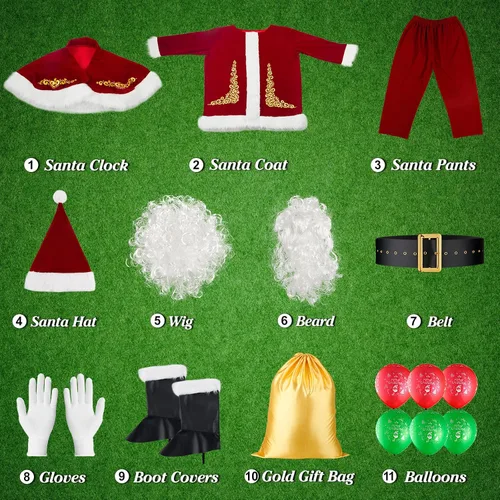 Vista 2 de XinChangShangMao Traje de Papá Noel para adultos disfraz de Papá Noel de lujo con barba y guantes Vino