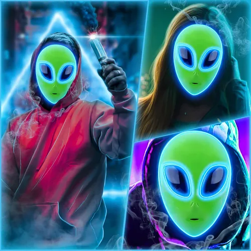 Vista 6 de Tanganan Máscara LED de alienígena para adultos y niños, máscara de Halloween con luz LED, 3 modos de iluminación, máscara facial para disfraz