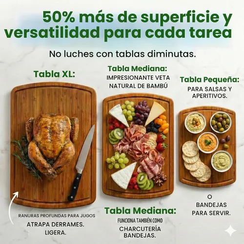 Vista 4 de Juego de 3 tablas de cortar de bambú de lujo con tecnología de resistencia de grano vertical carbonizada, tablas de cortar de madera extra grandes