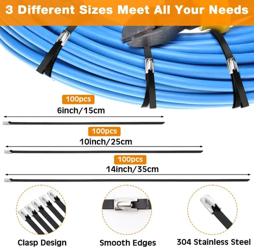 Vista 2 de Therwen 300 Pcs Metal Zip Ties Heavy Duty 304 Stainless Steel Multi Purpose Self Locking Cable Ties for Exhaust Machinery Fence Farm Pipe Roof