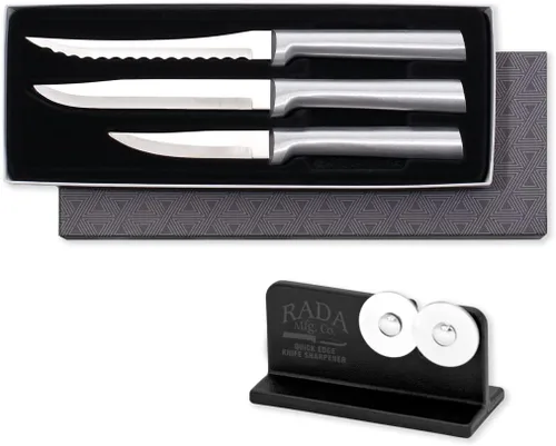 Vista 7 de Rada Juego de 3 cuchillos de cocina con afilador de borde rápido (R119), cuchillas de acero inoxidable, mango negro