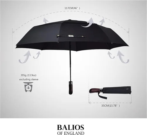 Vista 3 de Paraguas plegable de viaje con mango de madera real, cierre automático, ventilado, resistente al viento, diseñado en Reino Unido