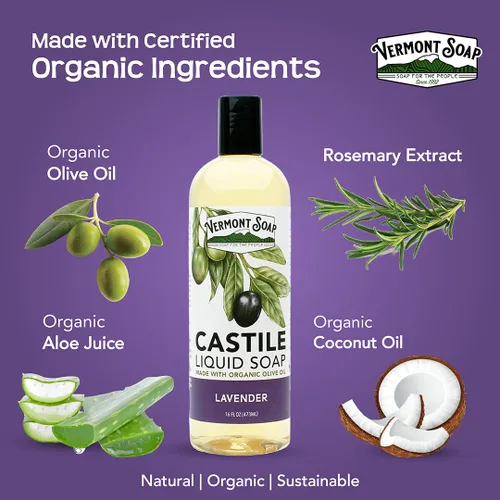 Vista 5 de Vermont Castile Jabón Lavanda, jabón líquido suave para pieles sensibles y gel de baño natural, champú orgánico para cabello graso, aloe castilla