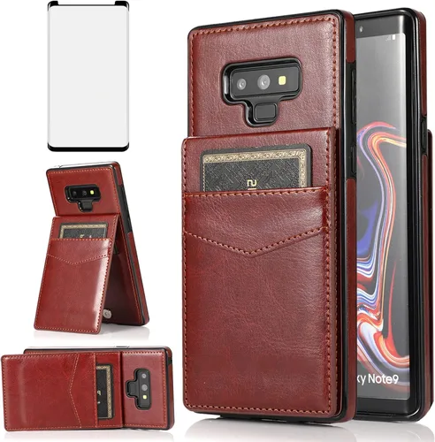 Vista 11 de Funda tipo cartera de piel verde para Samsung Galaxy Note 9 con protector de vidrio templado, tarjetero y función atril