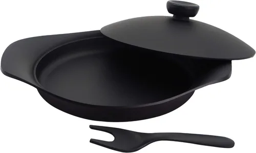Vista 6 de Sori Yanagi Nanbu - Sartén de aceite con diseño simple y alta practicidad, fabricada en Japón, tapa de hierro y mango incluidos, compatible