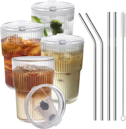 Vista 10 de HIGIINC Tazas de café helado con tapas y pajitas 2 piezas, juego de 16 OZ de vasos irrompibles para beber, vasos de plástico transparente