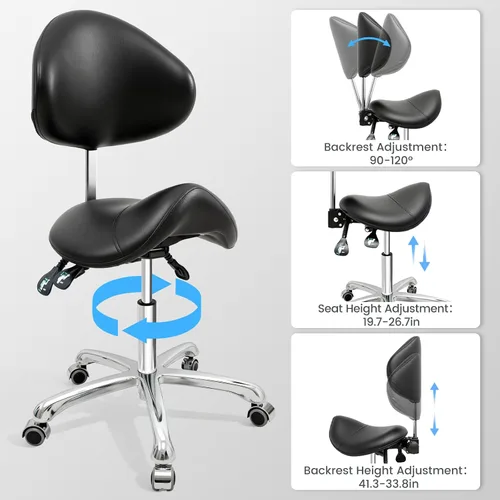Vista 3 de FreSup Taburete de silla con soporte para el respaldo, silla ergonómica con ruedas, taburete giratorio de alta resistencia, silla con ruedas