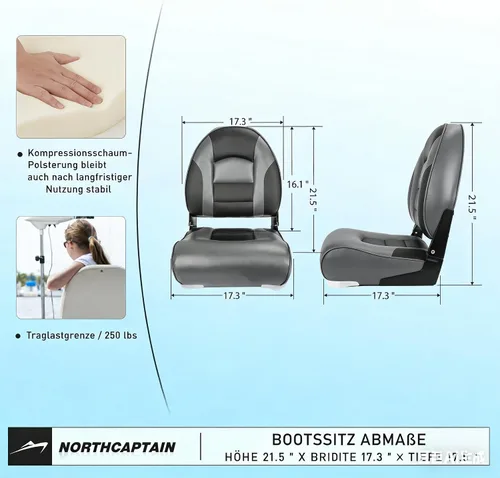Vista 3 de P1 Premium Marine Asiento plegable para barco con respaldo alto, tornillos de acero inoxidable incluidos