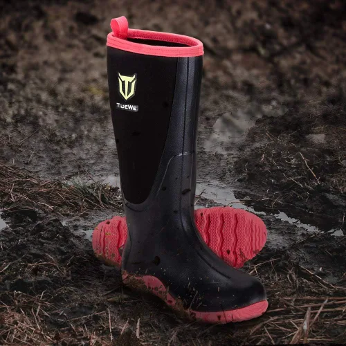 Vista 2 de TIDEWE Botas de goma para mujer con vástago de acero, botas de lluvia Negro Rosa